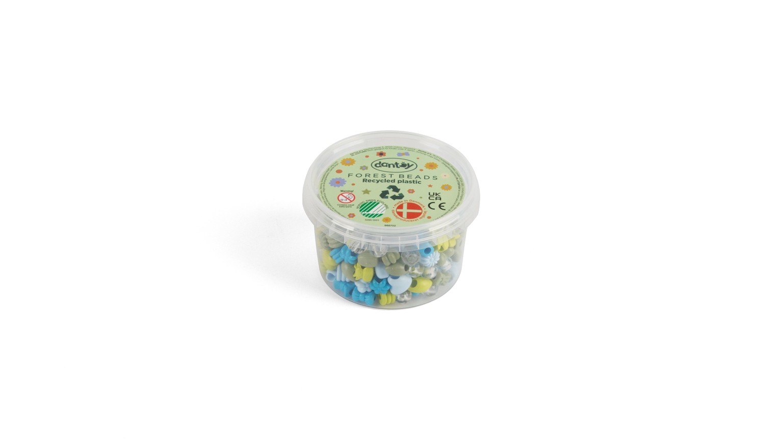 Gennemsigtig plastbeholder med grønne og blå perler til børn